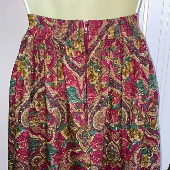 Vtg Liz & Me maroon & green floral paisley full skirt - Picture 5 of 9
